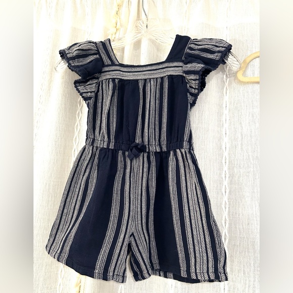 2 Old Navy 5T outfits. Navy & white romper and button up blue jeans dress - Picture 6 of 12